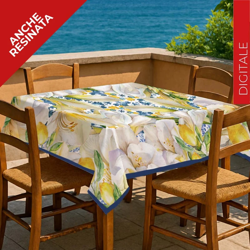 Tovaglia Sling resinata , set americano in cotone con tovagliolo , e runner in cotone stampa digitale con limoni produzione italiana sghome