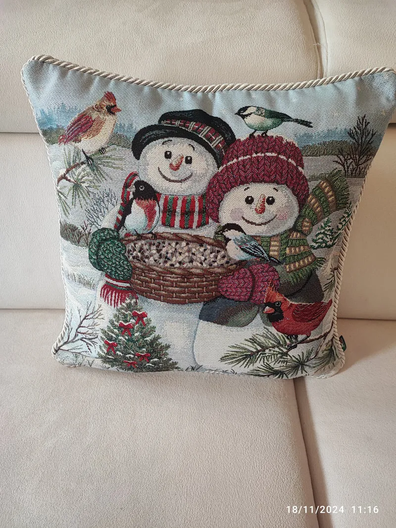 Cuscino intero o Fodera in gobelin con cordone sfoderabile Pupazzi di neve 40x40 produzione italiana